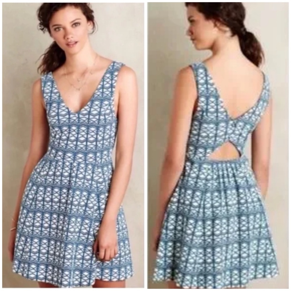 Maeve Anthropologie Double V Dress Green Blue Textured Geometric
Print Sz 14 - Picture 2 of 8